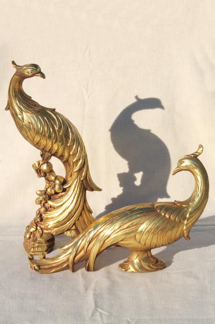 photo of vintage Syroco gold statue figurines, pair of peacock birds, ornate exotic bird figures #7