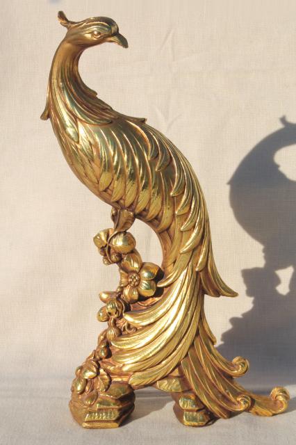 photo of vintage Syroco gold statue figurines, pair of peacock birds, ornate exotic bird figures #8