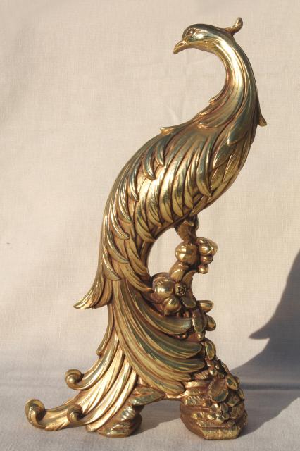 photo of vintage Syroco gold statue figurines, pair of peacock birds, ornate exotic bird figures #9