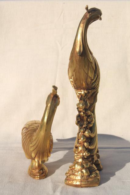 photo of vintage Syroco gold statue figurines, pair of peacock birds, ornate exotic bird figures #12