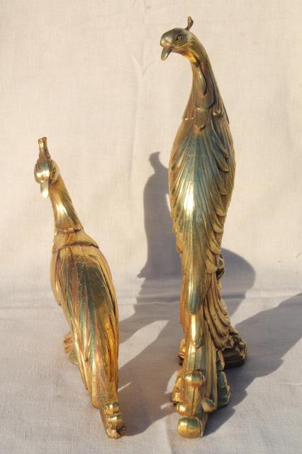 photo of vintage Syroco gold statue figurines, pair of peacock birds, ornate exotic bird figures #13