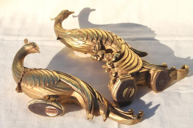 photo of vintage Syroco gold statue figurines, pair of peacock birds, ornate exotic bird figures #14