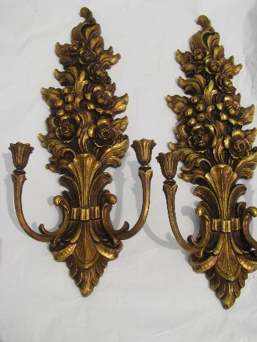 photo of vintage Syroco ornate gold wall bracket sconce pair candle holders #1