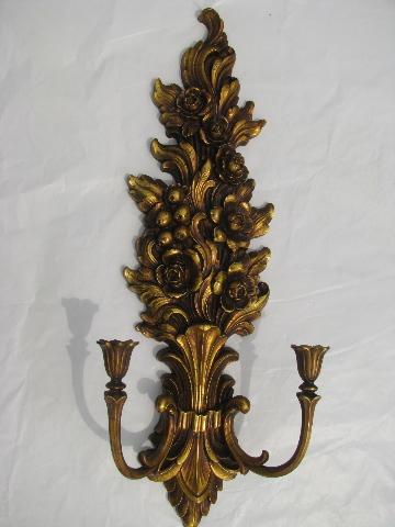 photo of vintage Syroco ornate gold wall bracket sconce pair candle holders #2