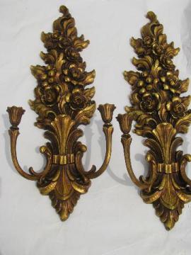 catalog photo of vintage Syroco ornate gold wall bracket sconce pair candle holders