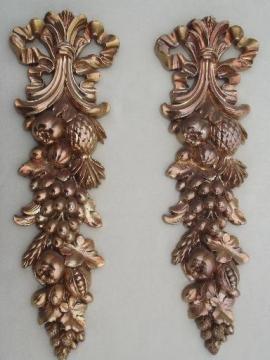 catalog photo of vintage Syroco wood composition wall plaques,  Syrowood fruit garlands 