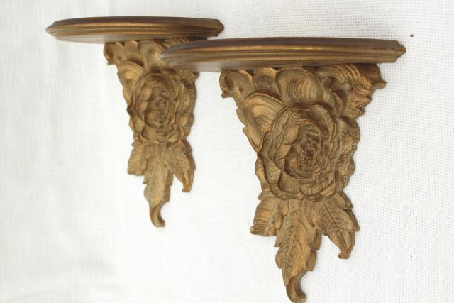 photo of vintage Syrowood Syroco gold roses wood composition wall shelves, hollywood regency style! #1