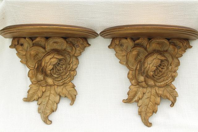photo of vintage Syrowood Syroco gold roses wood composition wall shelves, hollywood regency style! #2