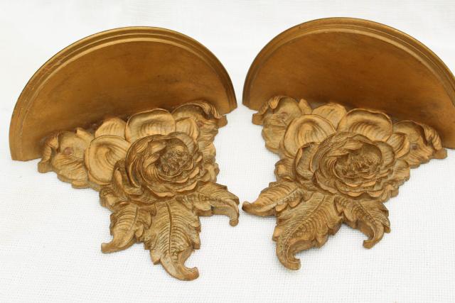 photo of vintage Syrowood Syroco gold roses wood composition wall shelves, hollywood regency style! #8