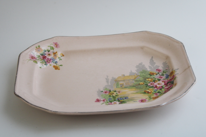 photo of vintage TS&T cottage garden on blush pink china, shabby chic platter wall hanging plate #2