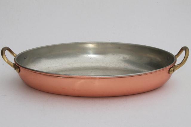 photo of vintage Tagus Portugal copper pan, oval gratin or paella pan w/ brass handles #2