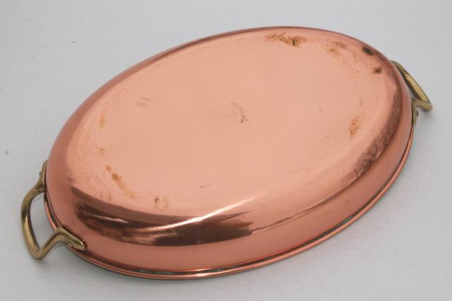 photo of vintage Tagus Portugal copper pan, oval gratin or paella pan w/ brass handles #4