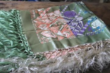 catalog photo of vintage Taj Mahal table cover, mint green satin tablecloth w/ long silky fringe