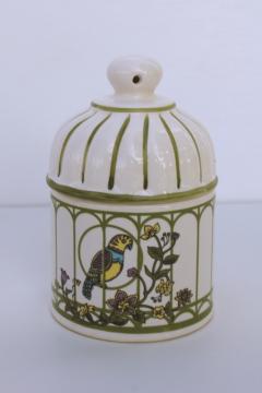 catalog photo of vintage Takahashi Japan ceramic trinket box, birdcage w/ parrot 