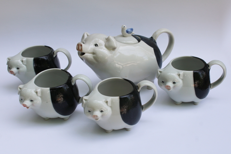 photo of vintage Takahashi Japan hand painted ceramic mama pig & piglets teapot w/ four mugs black & white pigs  #1