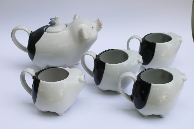 photo of vintage Takahashi Japan hand painted ceramic mama pig & piglets teapot w/ four mugs black & white pigs #2