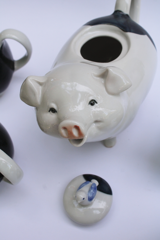 photo of vintage Takahashi Japan hand painted ceramic mama pig & piglets teapot w/ four mugs black & white pigs #5