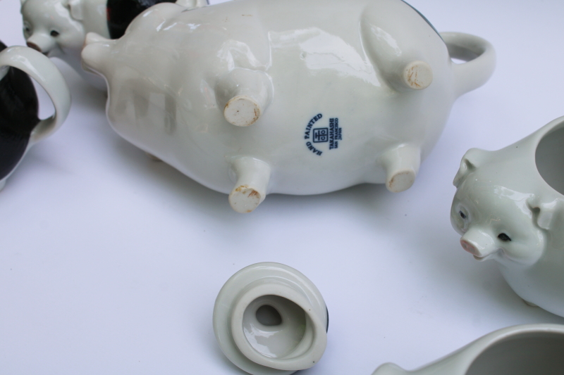photo of vintage Takahashi Japan hand painted ceramic mama pig & piglets teapot w/ four mugs black & white pigs #6