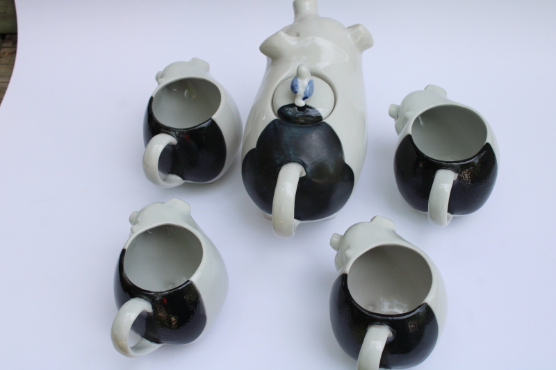 photo of vintage Takahashi Japan hand painted ceramic mama pig & piglets teapot w/ four mugs black & white pigs #7
