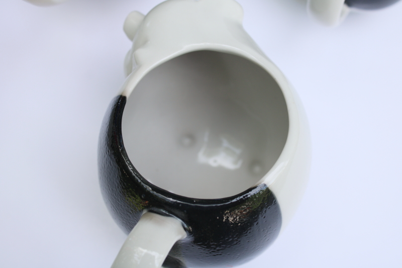 photo of vintage Takahashi Japan hand painted ceramic mama pig & piglets teapot w/ four mugs black & white pigs #8