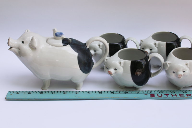 photo of vintage Takahashi Japan hand painted ceramic mama pig & piglets teapot w/ four mugs black & white pigs #10