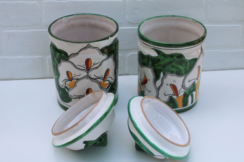 photo of vintage Talavera Mexican pottery canisters Calla lily hand painted terracotta clay jars w/ lids #2
