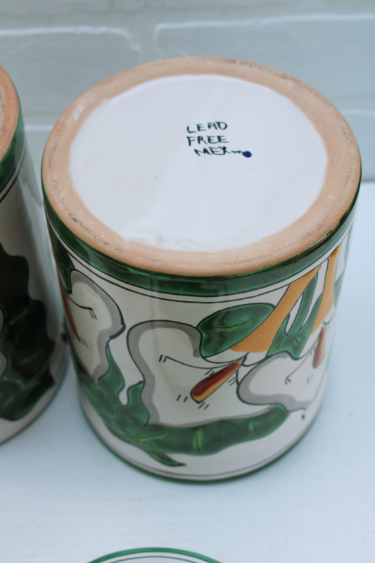 photo of vintage Talavera Mexican pottery canisters Calla lily hand painted terracotta clay jars w/ lids #7