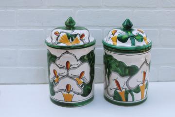 catalog photo of vintage Talavera Mexican pottery canisters Calla lily hand painted terracotta clay jars w/ lids