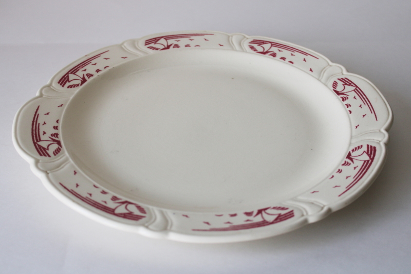 photo of vintage Taylor Smith & Taylor ceramic plate rare sailboats border pattern, wine red on ivory china  #1