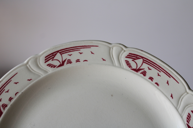 photo of vintage Taylor Smith & Taylor ceramic plate rare sailboats border pattern, wine red on ivory china #2