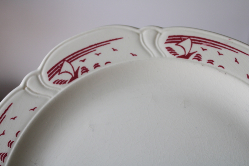 photo of vintage Taylor Smith & Taylor ceramic plate rare sailboats border pattern, wine red on ivory china #3