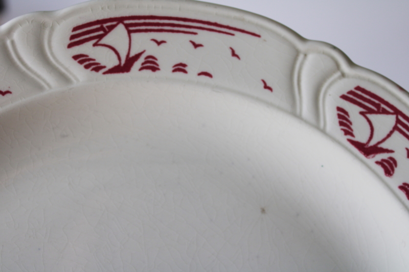 photo of vintage Taylor Smith & Taylor ceramic plate rare sailboats border pattern, wine red on ivory china #4