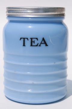 catalog photo of vintage Tea canister jar delphite blue milk glass, depression era kitchen glassware