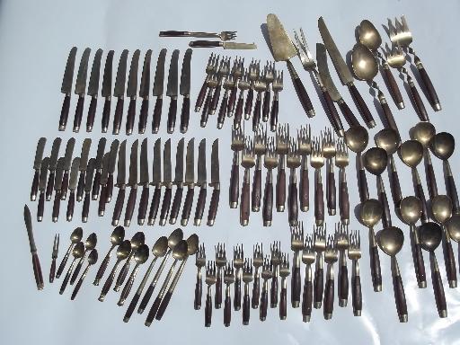 photo of vintage Thailand brass flatware set w/ teak wood handles 102 pcs in box #3