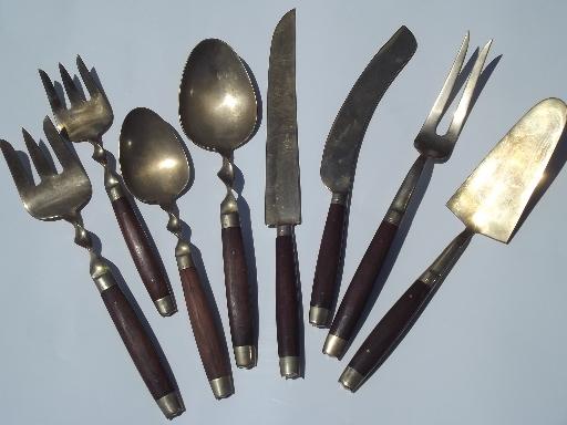 photo of vintage Thailand brass flatware set w/ teak wood handles 102 pcs in box #4