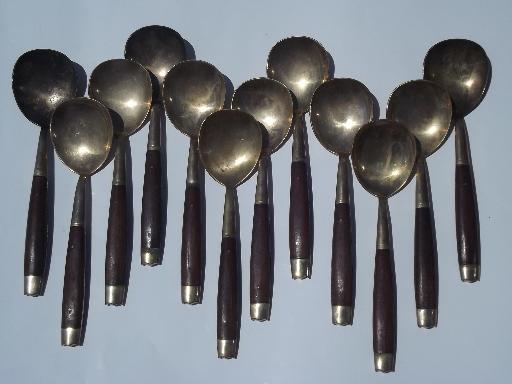 photo of vintage Thailand brass flatware set w/ teak wood handles 102 pcs in box #5