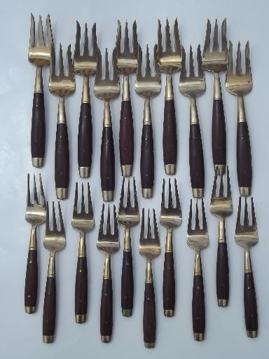 photo of vintage Thailand brass flatware set w/ teak wood handles 102 pcs in box #6