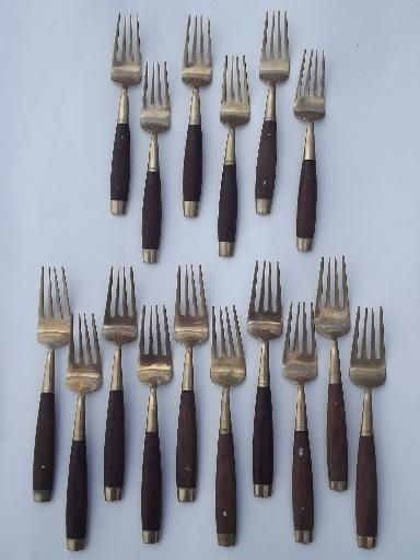 photo of vintage Thailand brass flatware set w/ teak wood handles 102 pcs in box #7