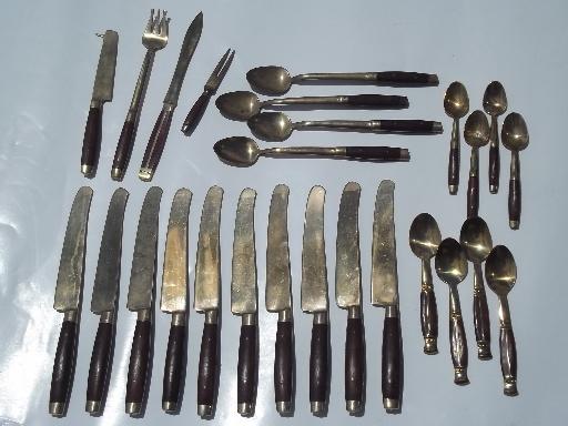 photo of vintage Thailand brass flatware set w/ teak wood handles 102 pcs in box #9