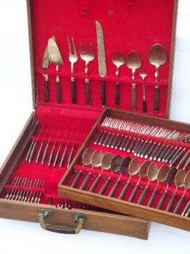 catalog photo of vintage Thailand brass flatware set w/ teak wood handles 102 pcs in box