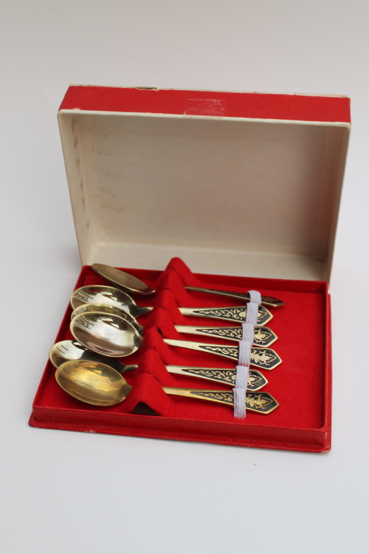 photo of vintage Thailand tiny solid brass spoons in original box, Siam dancer design #1