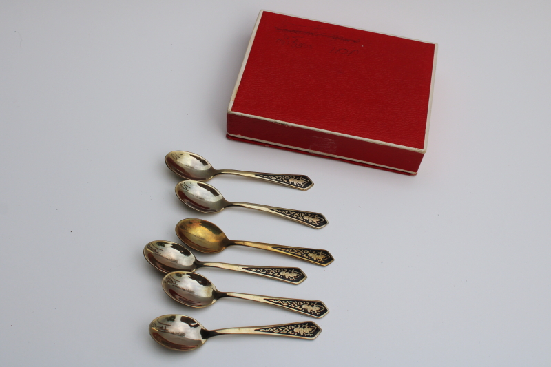 photo of vintage Thailand tiny solid brass spoons in original box, Siam dancer design #2