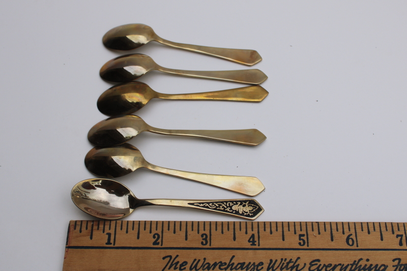 photo of vintage Thailand tiny solid brass spoons in original box, Siam dancer design #3