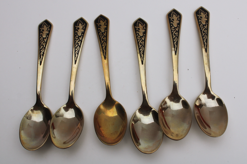 photo of vintage Thailand tiny solid brass spoons in original box, Siam dancer design #4