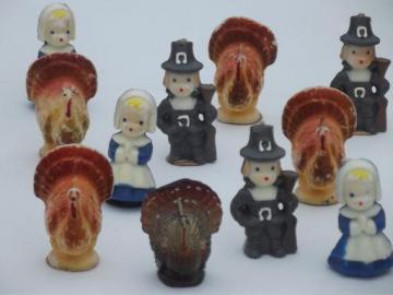 catalog photo of vintage Thanksgiving Gurley pilgrim candles & figural turkey candle lot