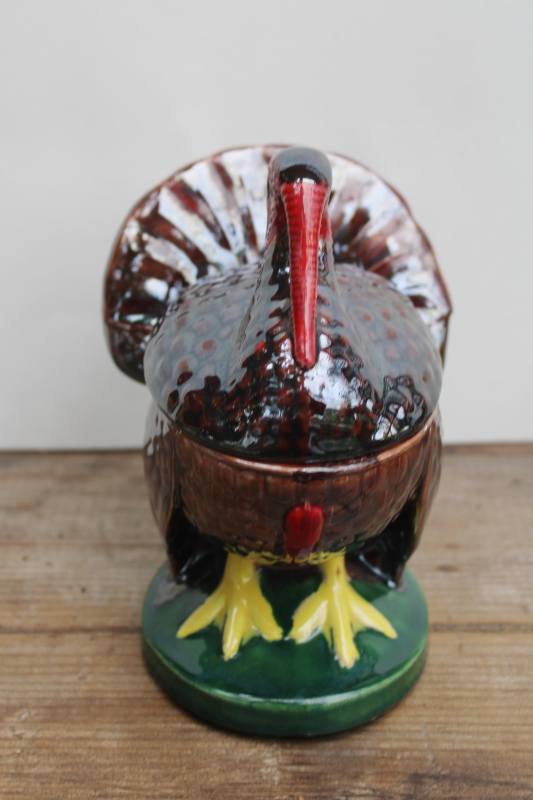 photo of vintage Thanksgiving turkey candy dish, hand painted luster hobbyist ceramic holiday decor  #2