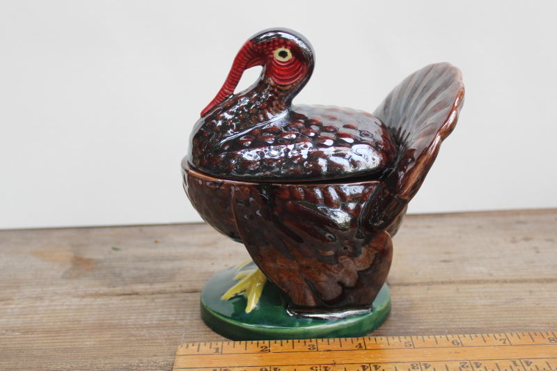photo of vintage Thanksgiving turkey candy dish, hand painted luster hobbyist ceramic holiday decor  #3