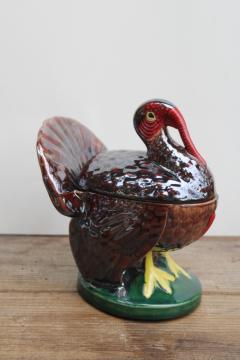 catalog photo of vintage Thanksgiving turkey candy dish, hand painted luster hobbyist ceramic holiday decor 