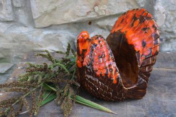 catalog photo of vintage Thanksgiving turkey napkin holder, handmade ceramic orange brown drip glaze