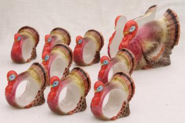 catalog photo of vintage Thanksgiving turkey napkin rings & napkin holder, 80s Otagiri Japan ceramic